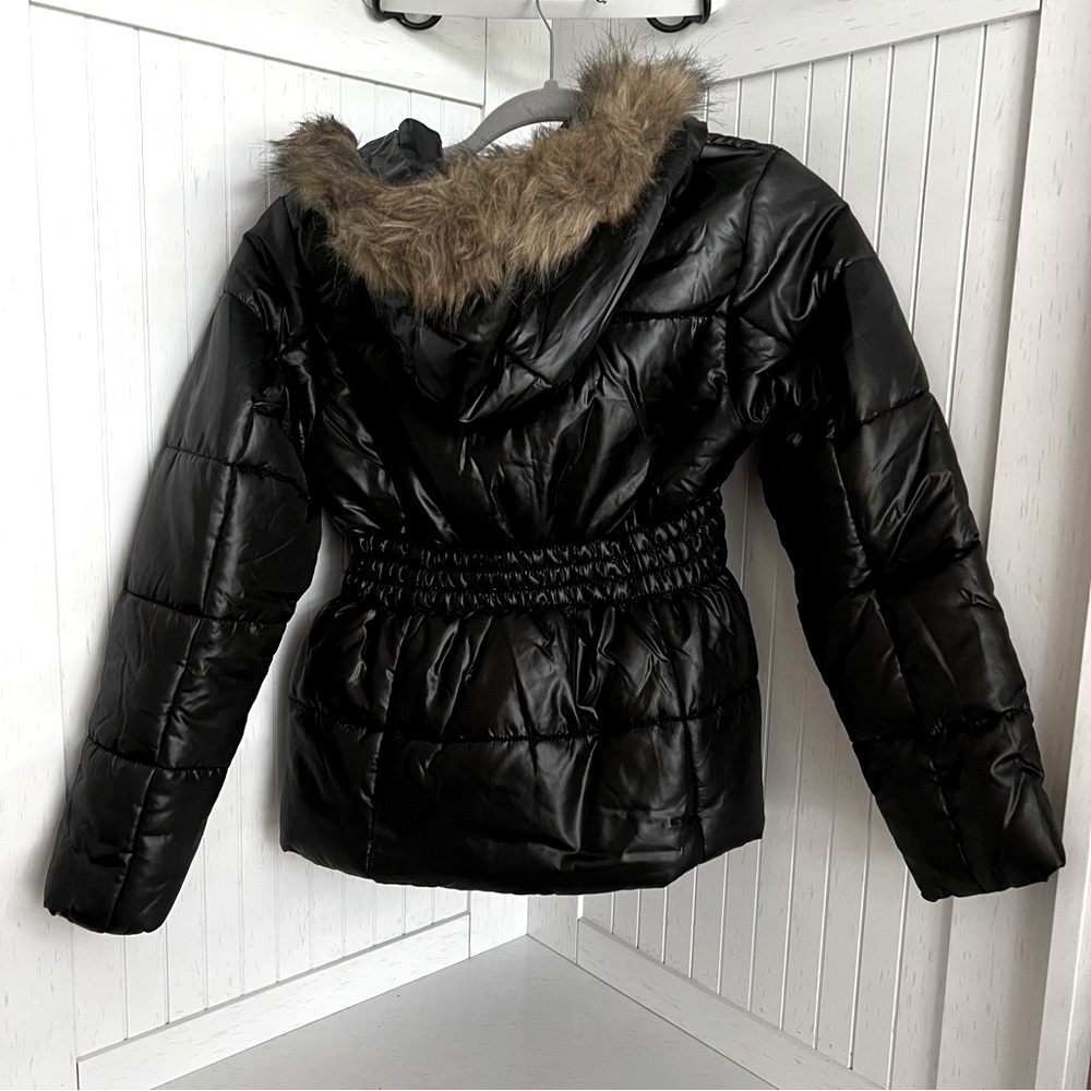 Rothschild black puffer coat jacket fur trim hood L 14 12 - Picture 5 of 11